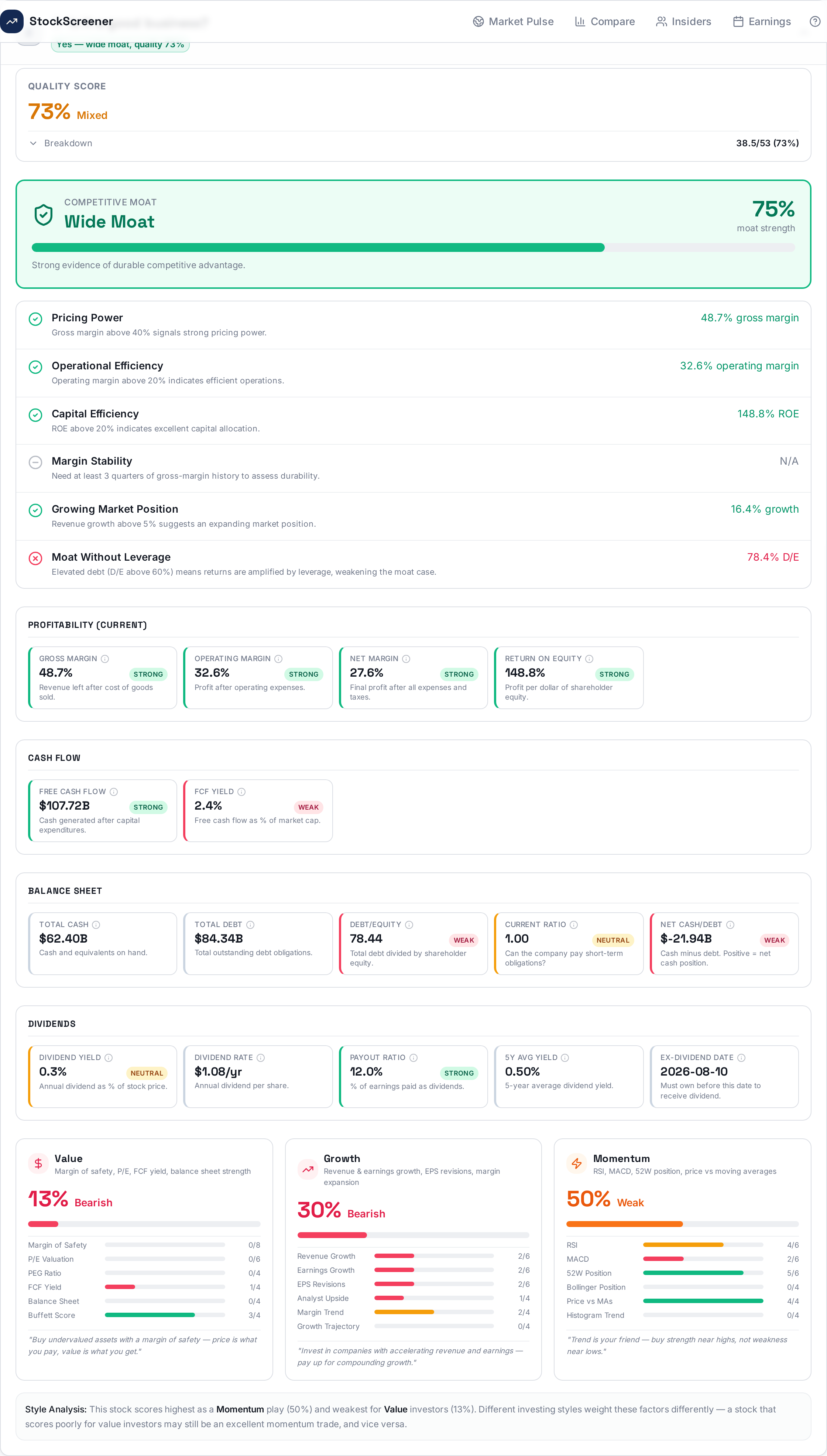 Expanded business quality section with quality score, moat analysis and checklist